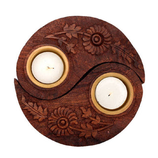 Floral Carved Wood Yin Yang Tea Light Holder (2 Piece Set)