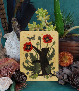 Black Cat and Poppies Wood Greeting Card