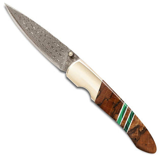 Spalted Beech Damascus 4" Liner Lock Knife - Single: Malachite