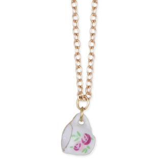 Pink White Ceramic Teacup Gold Necklace