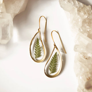 Pressed Fern Teardrop Dangle Earrings : Gold plated