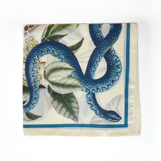 100% Silk Blue Snake & Butterfly Scarf - 17" X 17"