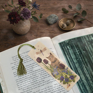 Tabby Cat and Dragonfly Wood Bookmark with Tassel