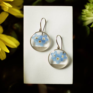 Forget Me Not Pressed Flower Dangle Earrings - Silver