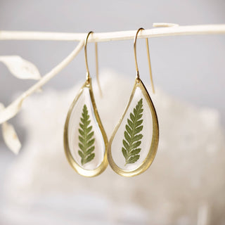 Pressed Fern Teardrop Dangle Earrings : Gold plated