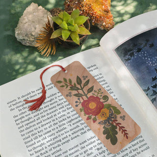 Folk Flowers Wood Bookmark with Tassel