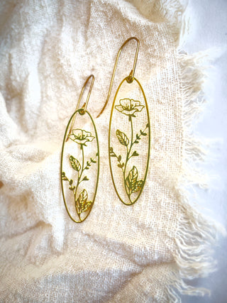Floral Oval Vignette Brass Earrings