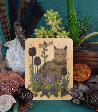 Tabby Cat and Dragonfly Wood Greeting Card