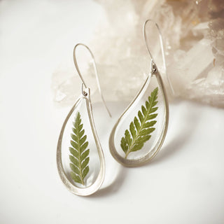 Pressed Fern Teardrop Dangle Earrings : Gold plated