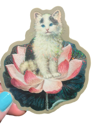 Cat on Lotus Sticker - 3 Inch