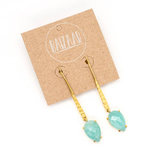Brass Stone Hammered Bar Earrings: Amazonite