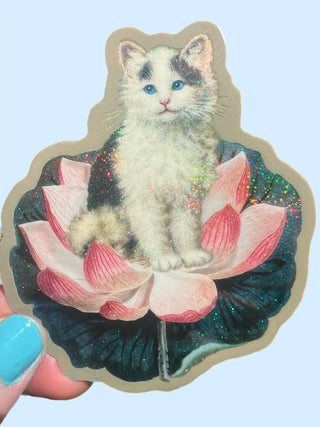 Cat on Lotus Sticker - 3 Inch