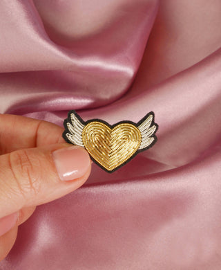 Golden Winged Heart Broach - Hand Embroidered