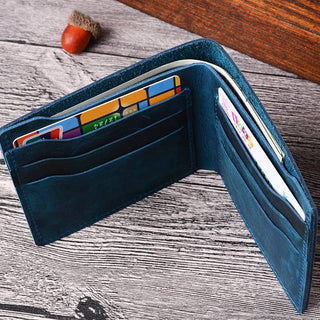 Blue Handmade Leather Bifold Wallet