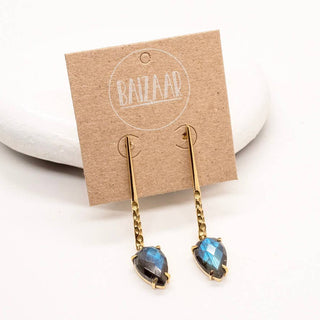 Brass Stone Hammered Bar Earrings: Amazonite