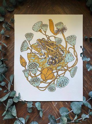 Frog, Lotus Pods, and Lotus Flowers Giclee Print (8x10)