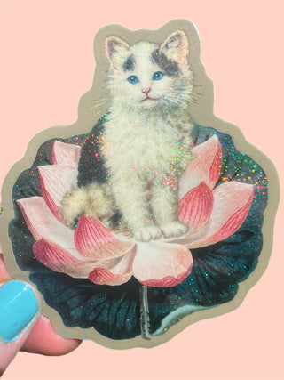 Cat on Lotus Sticker - 3 Inch