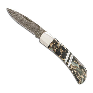 Santa Fe Stoneworks | Obsidian Mother of Pearl and Bronze Inlay Damascus 3" Lockback Knife - Single