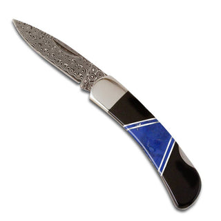 Santa Fe Stoneworks | Jewelry 3" Damascus Lockback Knife with Lapis & Jet Inlay