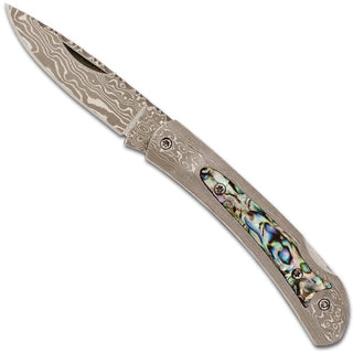 Santa Fe Stoneworks | Damascus Pocket Knife with Abalone Inlay
