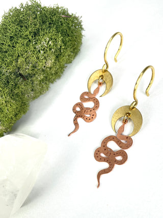 Indie South | Crescent Moon Copper Snake Earrings