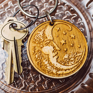 Woodcut Moon Keychain