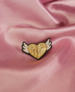 Golden Winged Heart Broach - Hand Embroidered