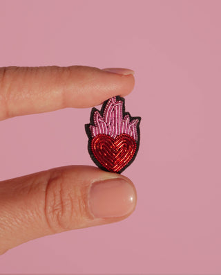 Mini Flaming Heart Broach - Hand Embroidered